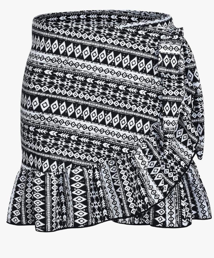 UPF 50+ Women's Ruffle Sarongs Beach Wrap Cover Up Swimwear Bikini Bottoms High Waisted Tankini Swim Skirts Swimdress, Black Folk Design, XS