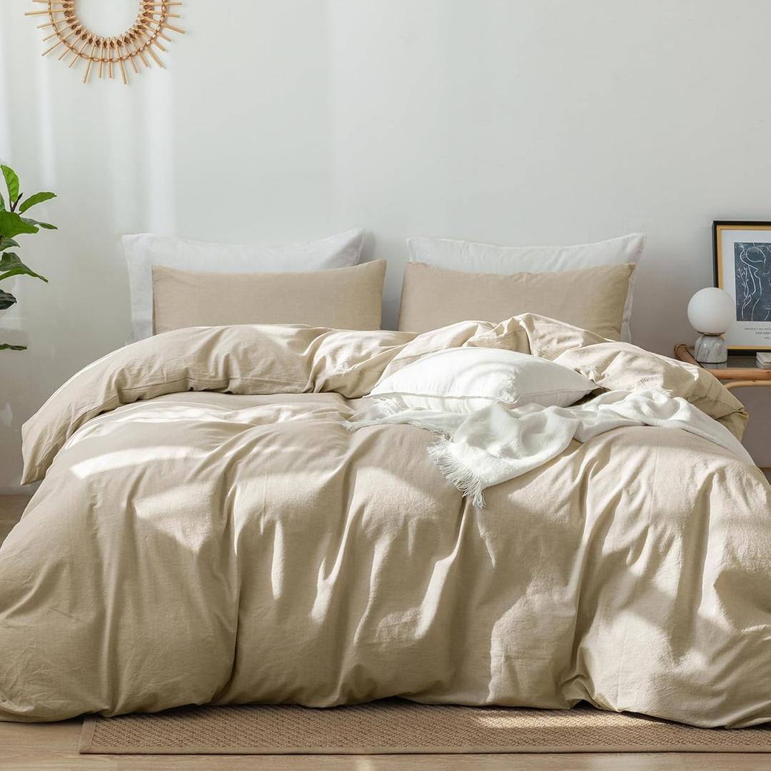 MooMee Bedding Duvet Cover Set 100% Washed Cotton Linen Like Textured Breathable Durable Soft Comfy (Heathered Almond Milk Grey, Twin 68"x90")