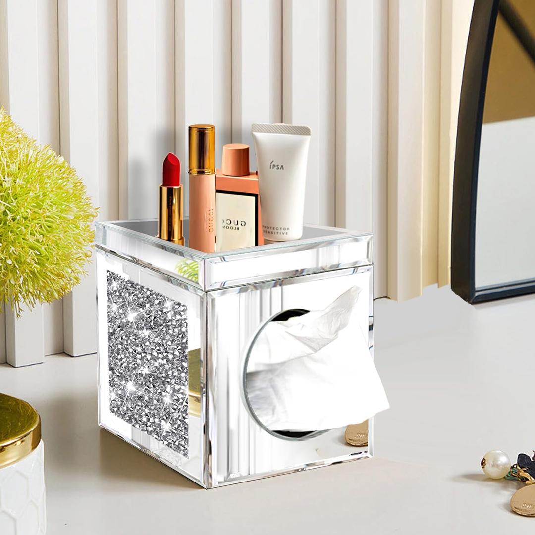 Wocred Square Tissue Box Cover Upgrades with Storage Tray,Crystal Crushed Diamond Tissue Box, Luxury Tissue Holders for Either Tissues in a Bathroom or Napkins on a Table.(6.5x5.5x5.5)