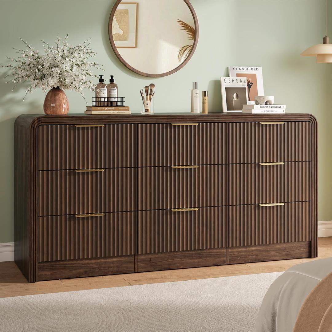 Decofy Fluted 9 Drawers Dresser, 63'' Wide Modern Chest of Drawers with Round Edge & Metal Handle, Wood Drawer Organizer for Bedroom, Living Room, Walnut