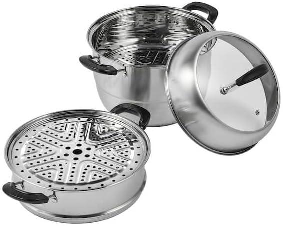 For Steamer Pot 11 in. 3 Tier Steamer Pot with 8.5 qt. Stock Pot Stainless Steel Vegetable Steamer and 2 Steaming Tray