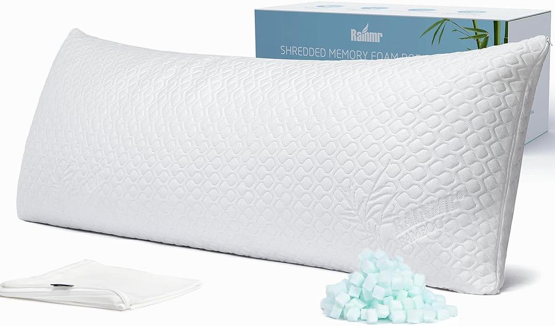 Shredded Memory Foam Full Body Pillow  Side Sleeper  Huggable Long Pillow for Body Relief  with Ultra Soft Cooling Cover, 20 x 54 inches (White)