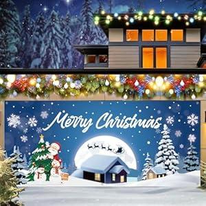 7 x 16 Ft Christmas Garage Door Banner Decorations, Festive Santa, Snowman, and Christmas Tree Theme, Extra Large Double Garage Door Cover for Outdoor Decor and Holiday Party Supplies