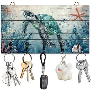 Sea Turtle Ocean Key Holder Key Hooks Organizer Hanger Rack Wall Mounted Wooden Key Rack with 5 Key Hooks for Home Entryway Front Door Kitchen Hallway Bedroom Wall Decorative Key Storage