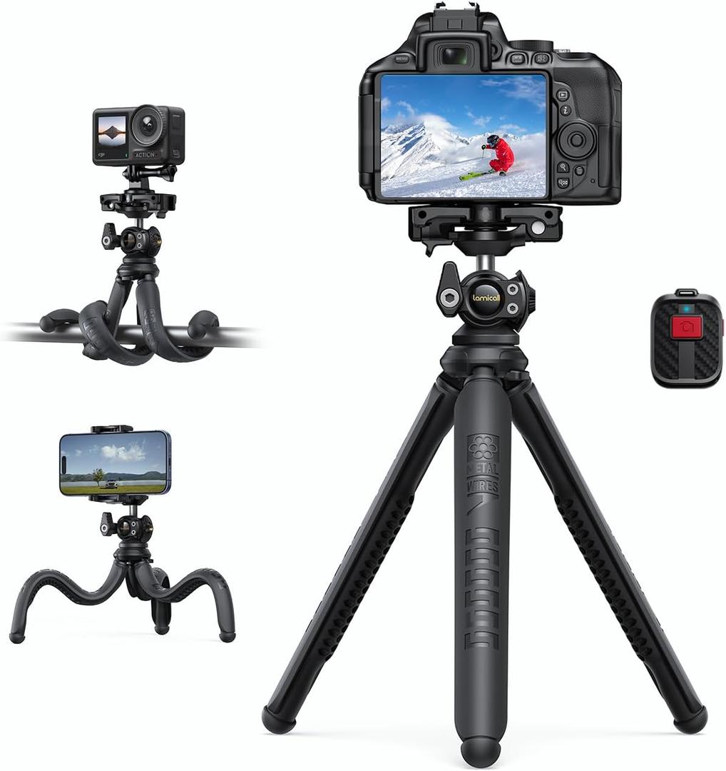 Lamicall Tripod for Camera - 3 in 1 Flexible Tripod for iPhone with Wireless Remote - iPhone Tripod Stand for Video Recording Vlogging Compatible with iPhone Samsung Go Pro, Small Digital Camera (NEW Upgraded Tripod for Camera - Dark Grey)