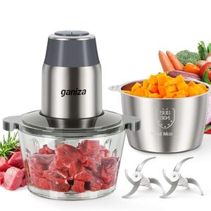 GANIZA Food Processors, Electric Chopper with Meat Grinder & Veggie Chopper - 2 Bowls with Powerful Copper Motor - Includes 2 Sets of Bi-Level Blades for Baby Food/Meat (Black, 8 Cup+8 Cup)
