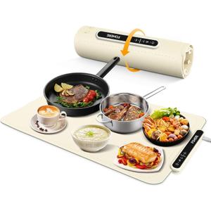FOHERE Food Warming Mat, Fast Heating Electric Warming Tray with 3 Level Temperature, Roll-up Food-Grade Silicone Heating Pad, 3H Auto Shut-Off, Portable Food Warmer for Parties Buffet Home, White