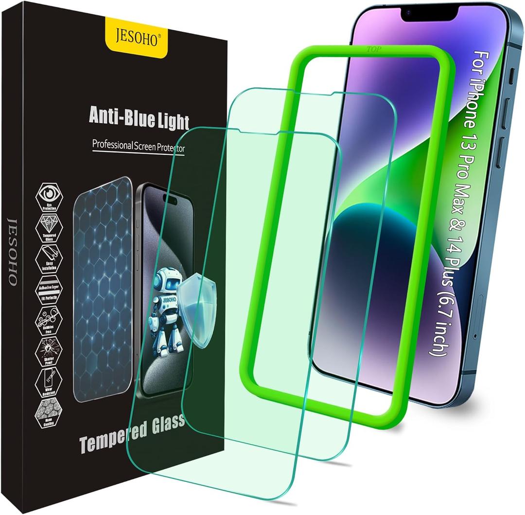 Blue Light Screen Protector for iPhone 13 Pro Max & iPhone 14 Plus (6.7''), Eye Protection Tempered Glass Film, Scratch-Resistant, No Bubble with Easy Installation Kit, 2 Pack