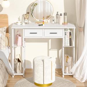 White Vanity Desk No Mirror, Small Makeup Table with Drawers, Girls Vanity Dressing Table with Storage Shlef for Bedroom, 37.3 Inches Compact Vanity for Small Spaces