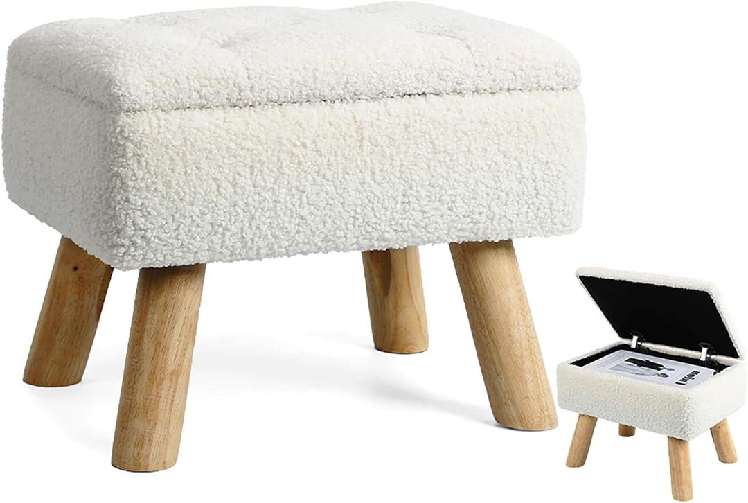 Storage Ottoman, Small Foot Stool Ottoman with Storage, Boucle Teddy Velvet Foot Rest with Padded Seat, Sturdy Wood Legs Stool for Living Room, Bedroom, Couch, Enterway (Cream)