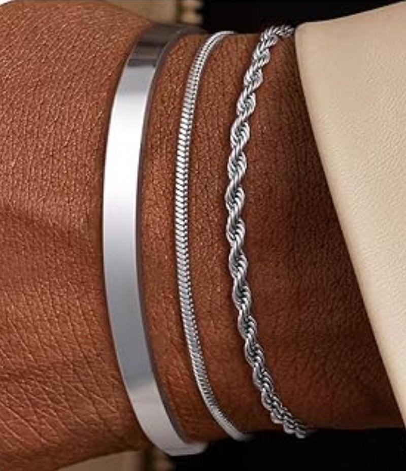 3 Pcs Chain Braclet for Men, Dainty Stackable Sterling Silver Bracelet for Men Non Tanish Simple Cuff Snake Rope Link Chain Bangle Bracelet Set for Mens Jewelry 8.5 Inches