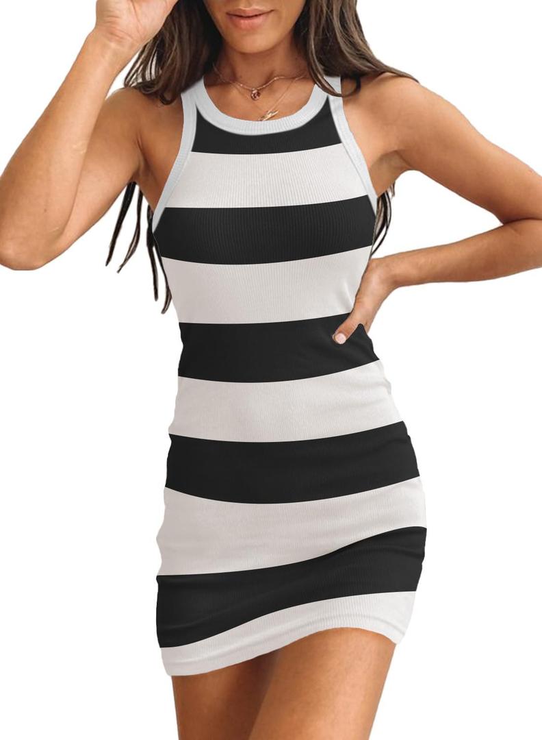 Womens Summer Ribbed Knit Tank Dress Sleeveless Casual Bodycon Mini Dress (S)