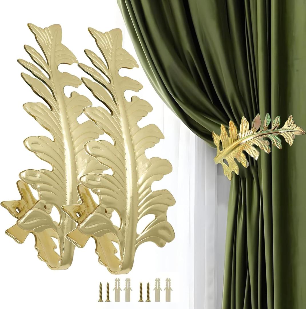 Bitray Curtain Tiebacks Gold Vintage Big Leaf Design Curtain Holdbacks Curtain Drapery Holdbacks Tie Back Hook -2pcs