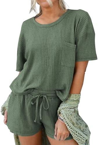 Andeip Pajamas Womens Waffle Knit Lounge Set Short Sleeve Top and Shorts 2 Piece Loungewear Outfits Pj Sets with Pockets L