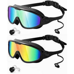Rantizon Swim Goggles 2 Pack, Wide View Anti Fog&UV Swimming Goggles for Audlt, No Leaking Summer Gifts for Men Women Kid (Large for Adults, Aqua & Bright Orange)