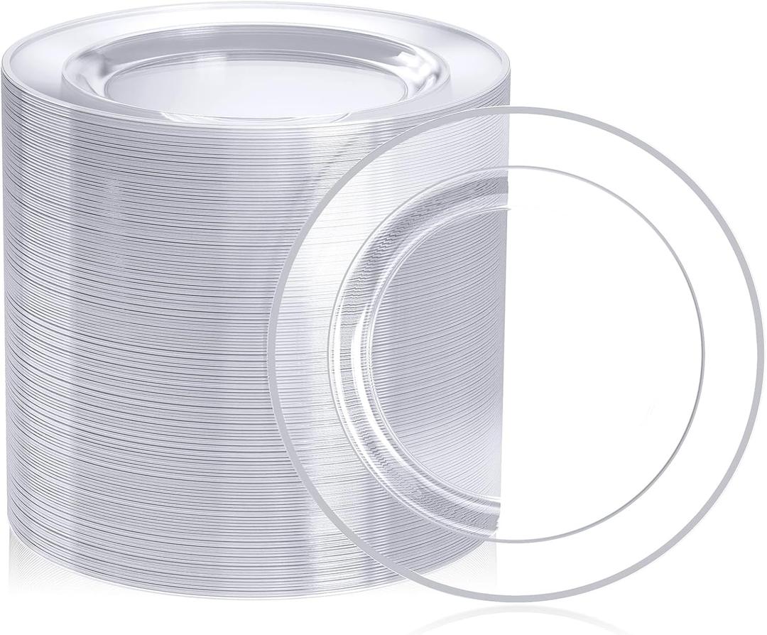 FOCUSLINE 100 Count Clear Silver Plastic Plates 7 Inch, Disposable Heavy Duty Clear Plates with Silver Rim, Premium Hard Plastic Plate Fancy Disposable Salad Dessert Plate for Wedding Parties