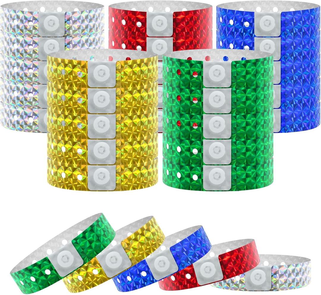 100 Pcs Plastic Holographic Party Wristbands, Waterproof Colored Vinyl for Events, Parties, Festivals and Concerts (Multiple Colors)
