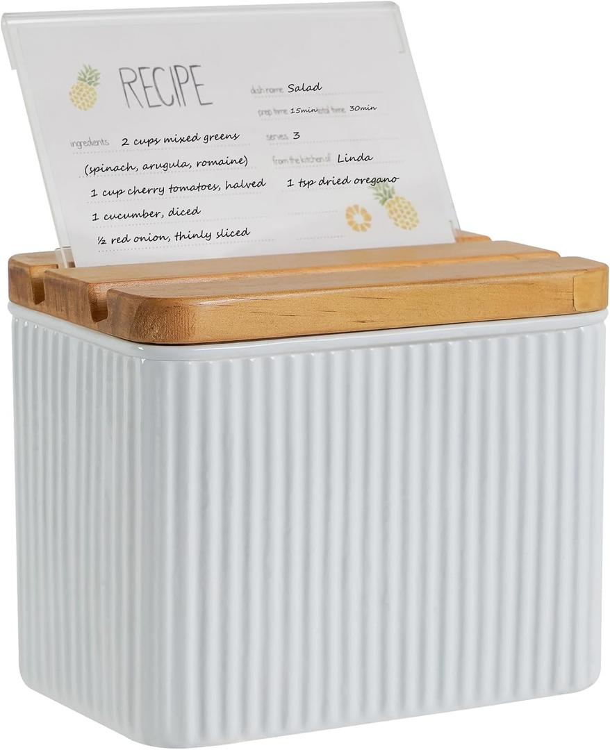 Recipe Box with Cards and Dividers Set 4x6 Recipe Holder for Kitchen Counter Metal White Vertical Stripe Pattern Embossed Recipe Card Box with Wooden Grooved Lid