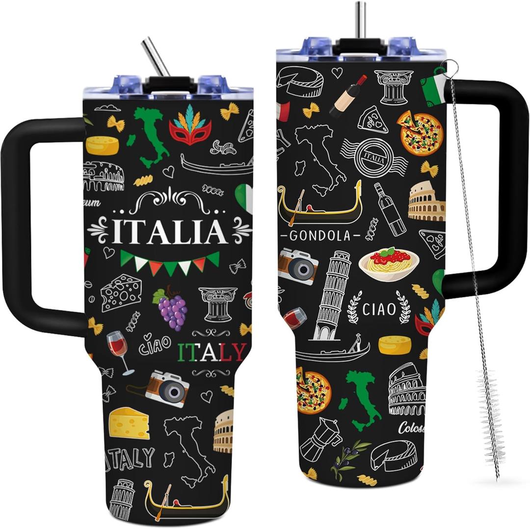 Italy 40 oz Tumbler with Handle and Straw, Italy Souvenirs Insulated Travel Mug Iced Coffee Cup, Birthday Gifts for Women, Men, Christmas Thanksgiving Day Gifts for Italian