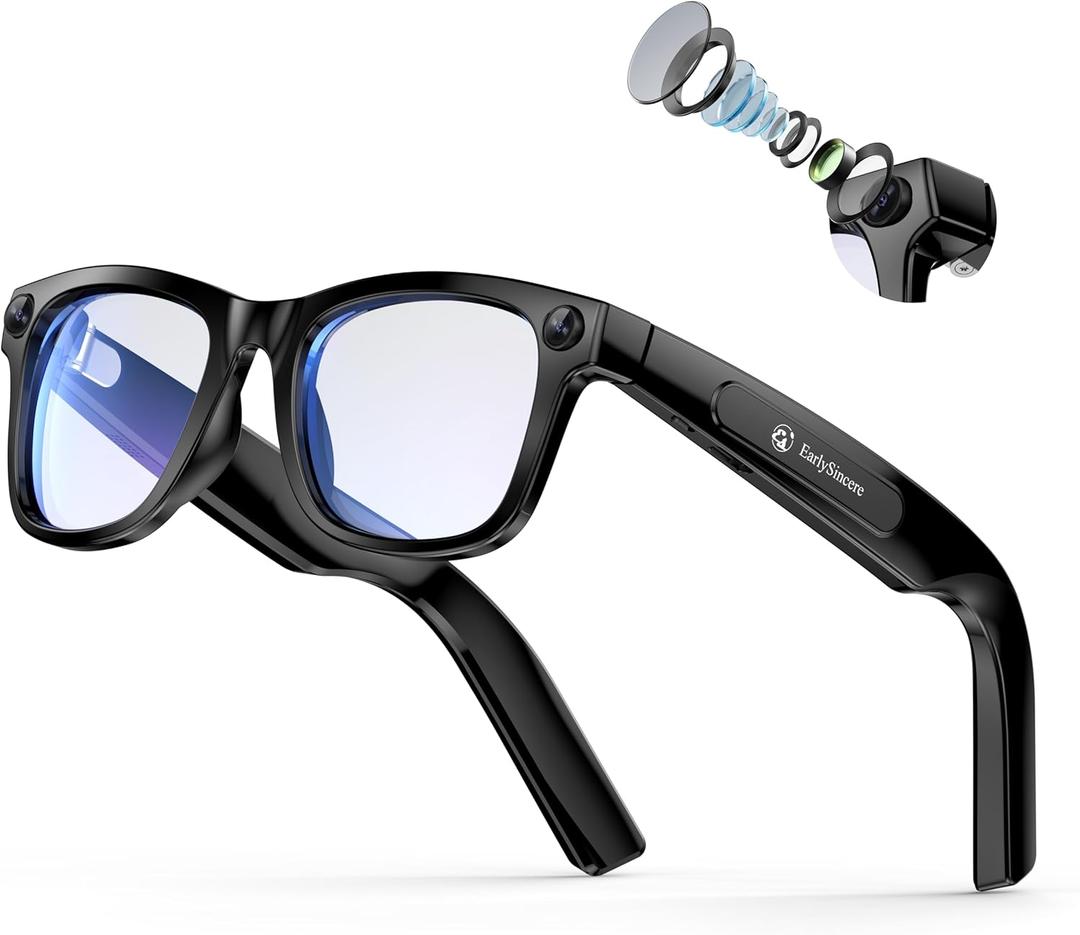 EarlySincere 2026 Ai Smart Glasses for Men Women, 8mp 4k Hd Camera Glasses, 410mah Battery, Supports Photo/Video/Audio Recording, Ai Voice Control, Ai Glasses with Bluetooth Calling(Blue Light)