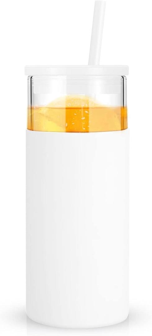 Tronco 20 oz Glass Tumbler With Lids and Straws, Reusable Smoothie Cups With Silicone Lid, Iced Coffee Cup With Silicone Protective Sleeve, Dishwasher Safe- BPA FreeWhite 1 Count