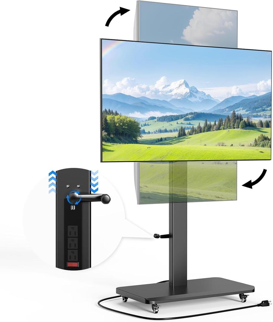Mobile TV Stand with Power Outlet, Height Adjustable with Handle Stepless Lift,Rolling TV Stand for 32-75inch TVs with 90 Rotating,Portrait to Landscape,TV Cart with Wheels Holds up to 110lbs (Black)