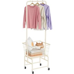 Rolling Laundry Cart with Wheels, Laundry Hamper Basket Organizer with Clothes Hanging Rack, Wire Storage Cloth Shelf Butler, Cream