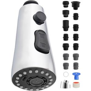 Stainless Faucet Head Replacement Pull Down Kitchen Faucet Head with 15 Adapters, 3 Water Modes Kitchen Sink Faucet Sprayer Head, Chrome Finish