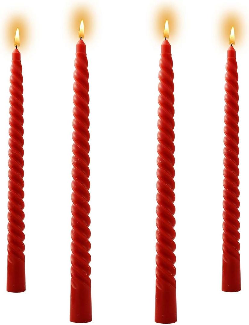 4 Pack 10 Inch Gradient Color Spiral Taper Candles for Wedding,Birthday,Christmas and Spring Home Decoration, Kitchen Twisted Candlesticks for Dinner Halloween,Thanksgiving (4, Red, 10 in)