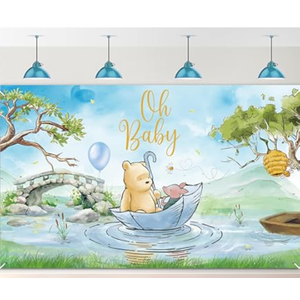 Winnie Bear Backdrop Pooh Baby Shower Decorations for Boys Kids Newborn Classic Bear Blue Balloons and Friends Background Table Banner Photo Studio Props Photography Background 6x3.6ft