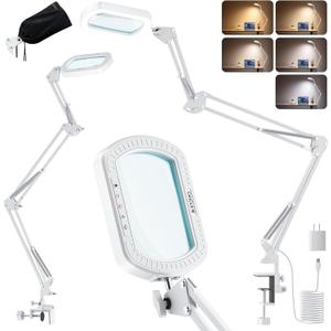 10X Square Magnifying Glass with Light, 3 Arms Table Lighted Magnifying Glasses Lamp with Clamp Hands Free for Reading Crafts Jewelry Repair Painting Close Work Hobbies, 5 Colors 10 Brightness