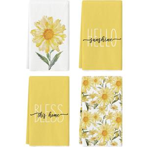 Artoid Mode Yellow Hello Sunshine Daisy Bless This Home Spring Kitchen Towels Dish Towels, 18x26 Inch Seasonal Summer Decoration Hand Towels Set of 4