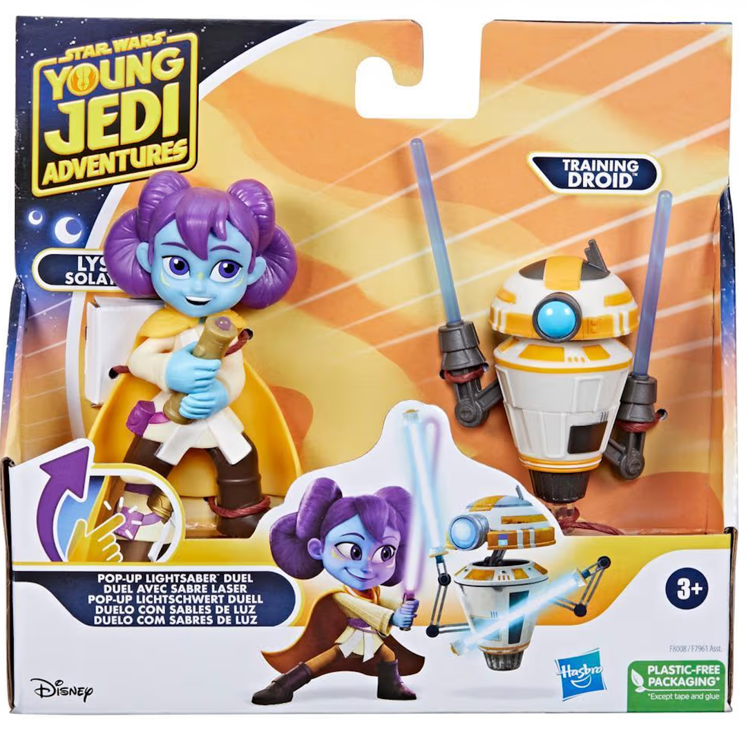 Star Wars: Young Jedi Adventures Pop-Up Lightsaber Duel, LYS Solay & Training Droid Action Figures, 4-Inch Scale Toys, Preschool Toys for 3 Year Old Boys & Girls