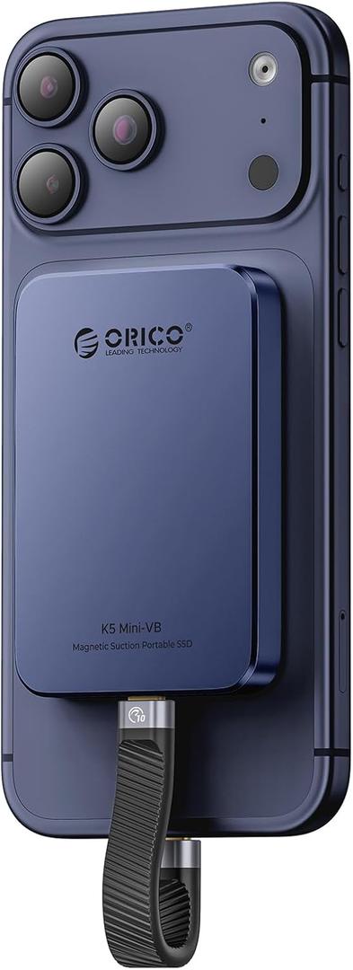 ORICO 1TB Magnetic External SSD, Aluminum Alloy, Up to 460MB/s, External Solid State Drive, Expand Storage for iPhone 17 Pro Max, Compatible w/MagSafe, USB-C Smartphones - K5MINI Blue