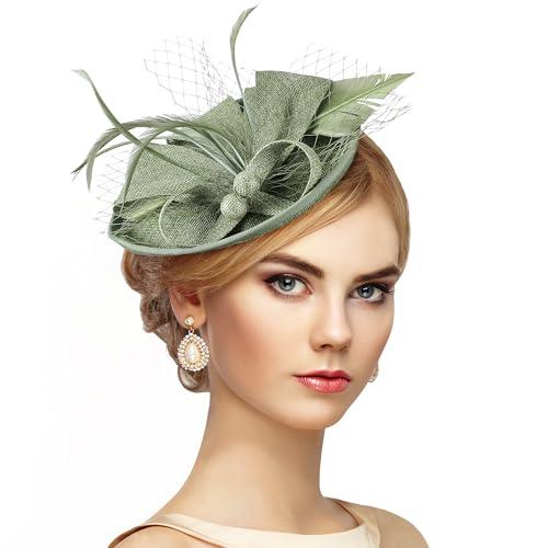 Zinniday Green Tea Party Hat - 1920s 50s Kentucky Hats Girl Victoria Feather Derby Fascinators with Veil Church Halloween Renaissance Masquerade Dress Up for Women, 7.87x5.9inch