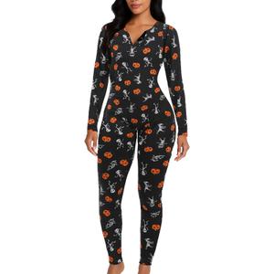 Halloween Pajamas Onesie Women Sexy One Piece Romper Long Sleeve Bodycon Jumpsuit Sleepwear for Adult (Small, Black)