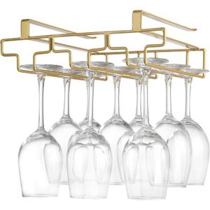 Wine Glass Rack Under Cabinet, Drilling Free No Screw Steamware Holder Under Shelf Metal Wine Glasses Holders 304 Stainless Steel Hanger Storage Organizer Hanging Glass Fit for Bar Kitchen 3 Rows Gold