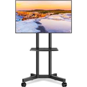 Mobile TV Stand with Upgraded Wheels for 32-75 Inch TVs up to 88 lbs, Height Adjustable Rolling TV Stand with Laptop Shelf, Mobile TV Cart with Heavy Duty Structure for Living Room, Patio, Office (Black)