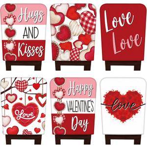 FuWeave 6 Pcs Valentines Day Chair Covers Valentines Dining Chair Back Covers Pink Red Heart Love Buffalo Plaid Room Slipcovers Washable Seat Protector for Kitchen Home Anniversary Wedding Decorations