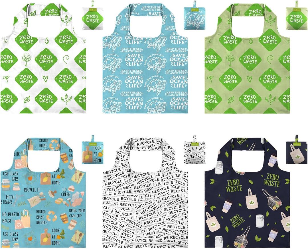 BeeGreen Print Reusable Shopping Bags 6 Pack - Heavy Duty Washable and Foldable Polyester Shopping Bag for Women, Reusable Gift Grocery Totes Market Tote Bag with Handles for Travel Holiday (Green-black,green,blue)
