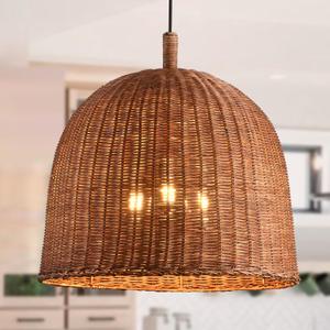 HUEHENGHAO Dark Brown Rattan Pendant Light, 3-Light Large Woven Pendant Hanging Light Natural Basket Chandelier Farmhouse Bamboo Pendant Lighting for Dining Living Bedroom Kitchen Famhouse (3-light 17.72 inch)
