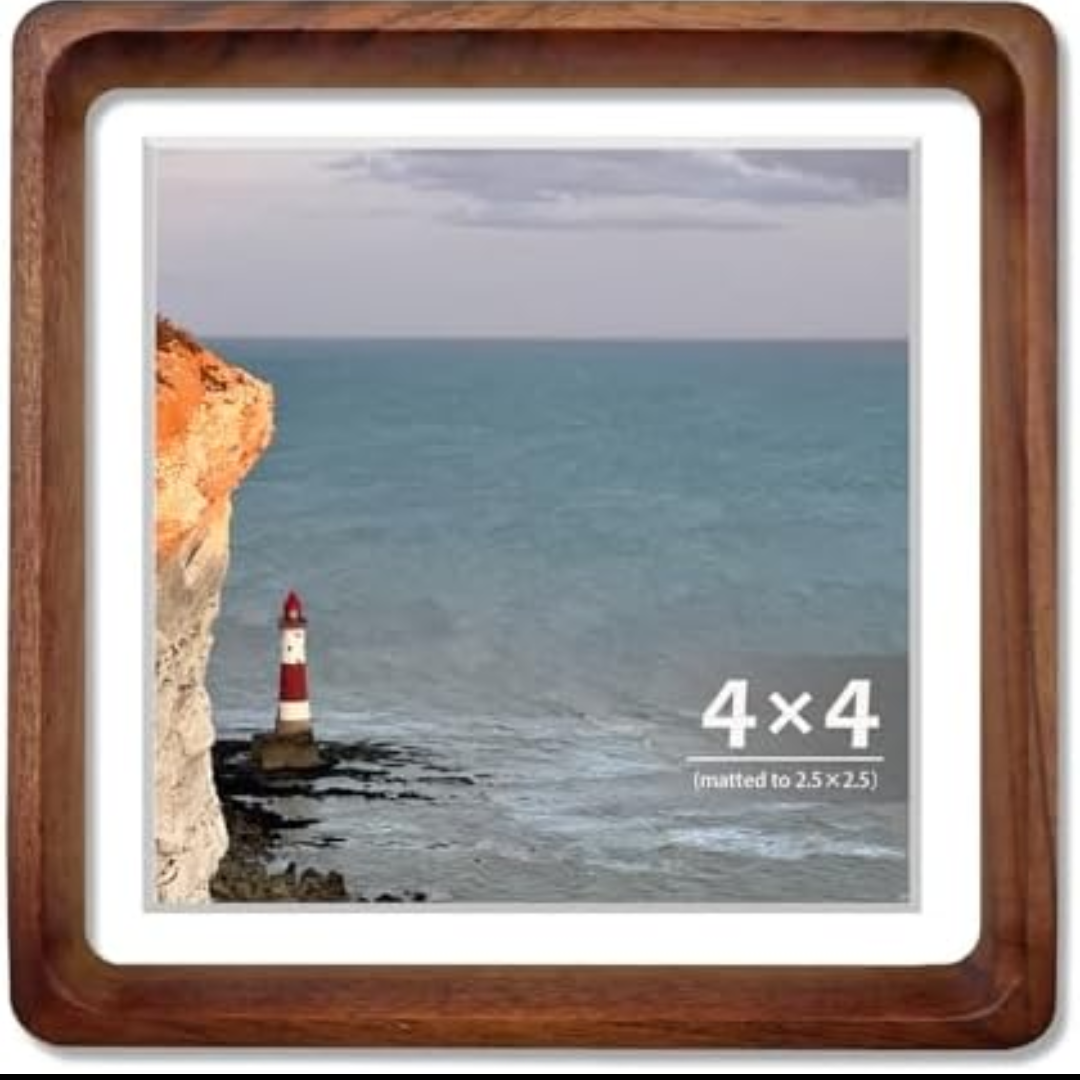 MIBYIBER 4x4 Square Picture Frame, Solid Walnut Wood Photo Frame with Mat for 2.5x2.5 or 4x4 Photos, Real Wood Square Frame with Tempered Glass for Wall or Tabletop Display, Rustic Decoration