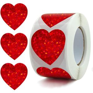 500pcs Glitter Heart Stickers Roll, Valentine Red 1.5 Inch, Love Stickers for Scrapbooking, Personalized Thank You (Heart)
