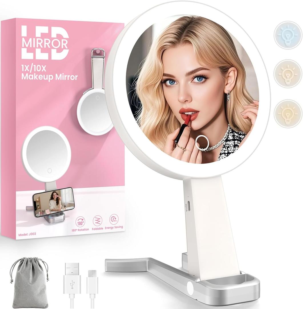 Makeup Mirror with Lights and Magnification, Double-Sided 10X Magnifying Mirror, Portable Lighted Makeup Mirror with 3 Color Lights, Rechargeable Make up Mirror 3 in 1 Tabletop, Handheld, Hanging
