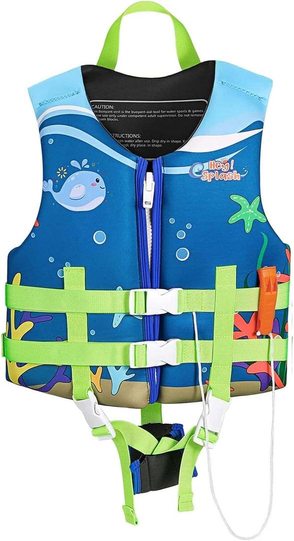 HeySplash Life Jacket for Kids (Suitable for 55-77 lb), Children Watersports Life Vest Swim Vest Flotation Device Kids Trainer Vest with Survival Whistle, Easy on and Off, Large Size, Blue Whale