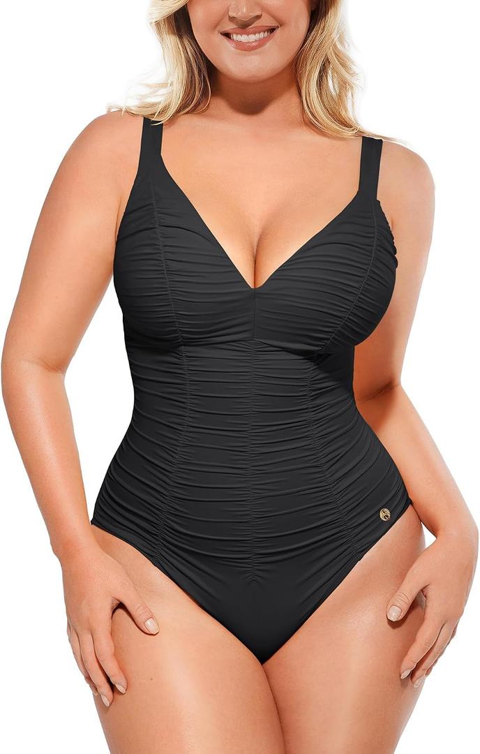 SHAPELLX Womens One Piece Swimsuit Tummy Control Ruched Slimming Swimwear Bathing Suit with Adjustable Lace-Up Back, Medium