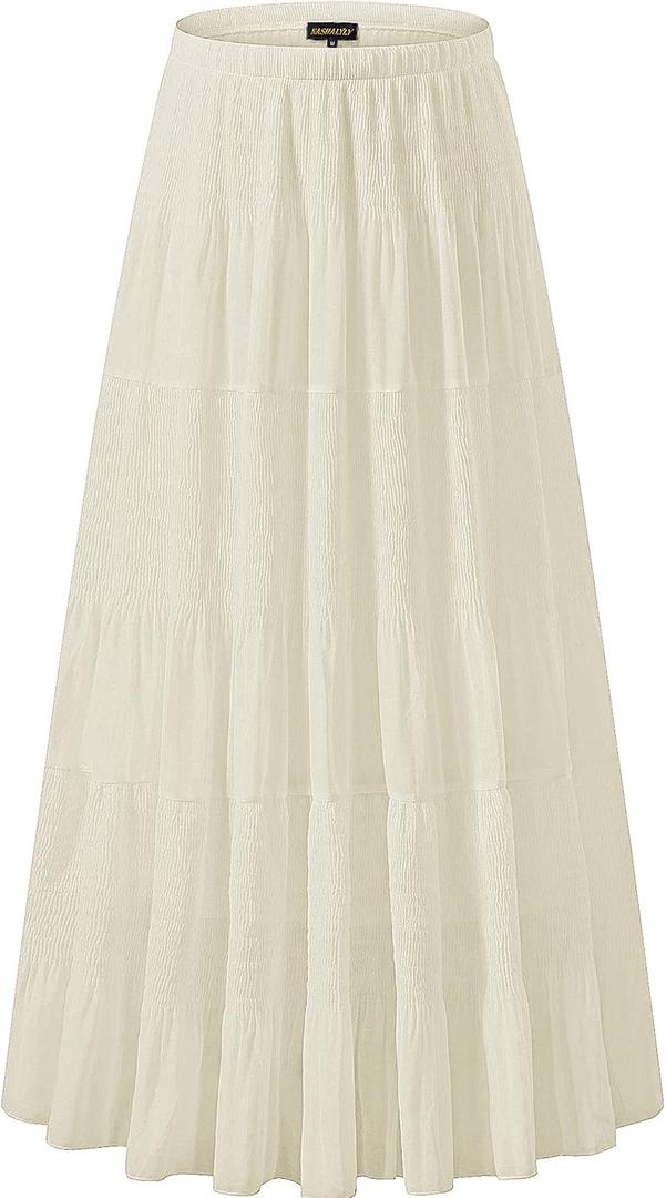 NASHALYLY Women's Chiffon Elastic High Waist Pleated A-Line Flared Maxi Skirts (Medium)