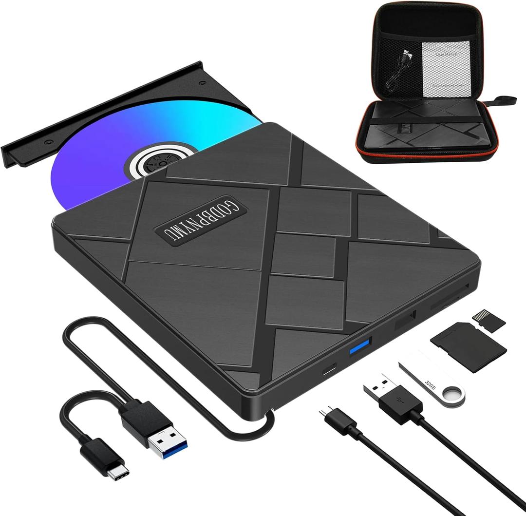 External CD/DVD Drive for Laptop, USB C/3.0 CD Burner,DVD Player for Laptop, Compatible with MacBook, iMac, Windows 11/10/8/7/XP/Linux laptops and PCs,Portable CD Reader with Carrying case
