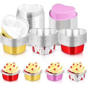 Cunhill 60 Sets Heart Shaped Cake Pans with Lids, 3.4 Ounces/ 100 ml, Aluminum Foil Mini Disposable Heart Cupcake Pans for Valentine's Day Wedding Parties Gift (Gold, Red, Pink, White)