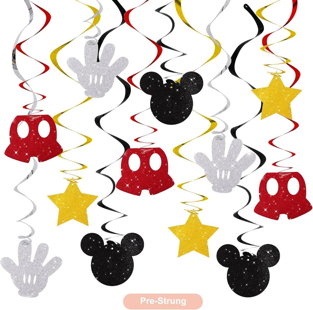 BEISHIDA 16 Pcs Black and Red Hanging Swirl Decorations, Pre-Strung Birthday Party Decorations Red Gold Black Themed Birthday Party Supplies for Kids